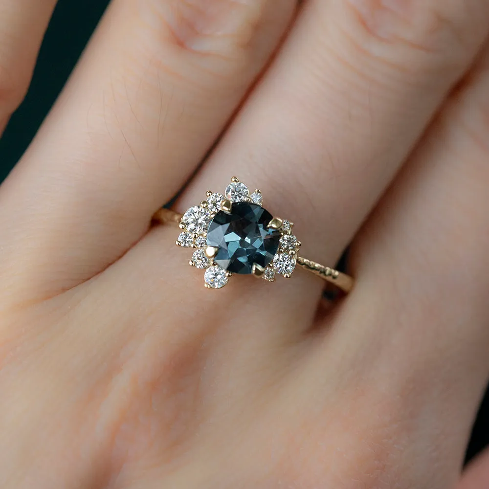 0.94ct Dark Grey and Teal Blue Spinel Asymmetrical Diamond Cluster Ring in 14k Yellow Gold