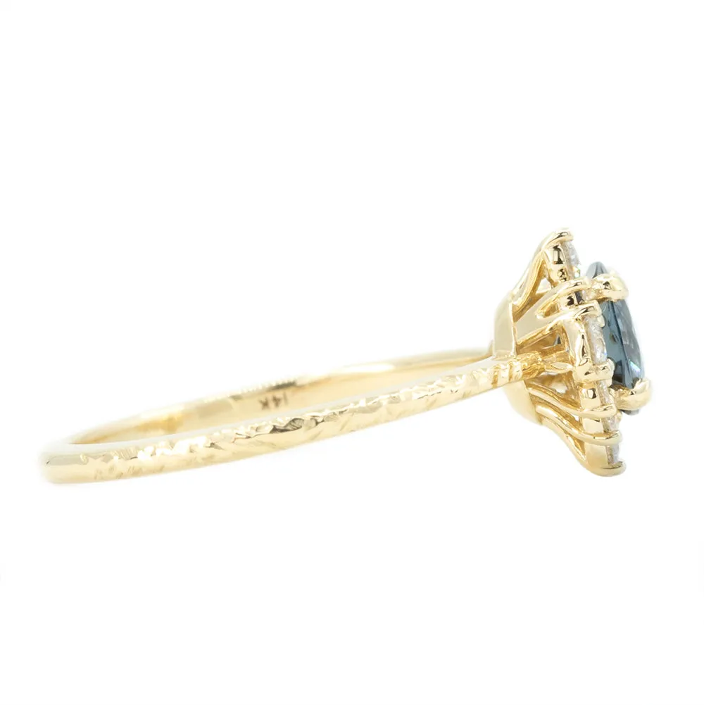 0.94ct Dark Grey and Teal Blue Spinel Asymmetrical Diamond Cluster Ring in 14k Yellow Gold