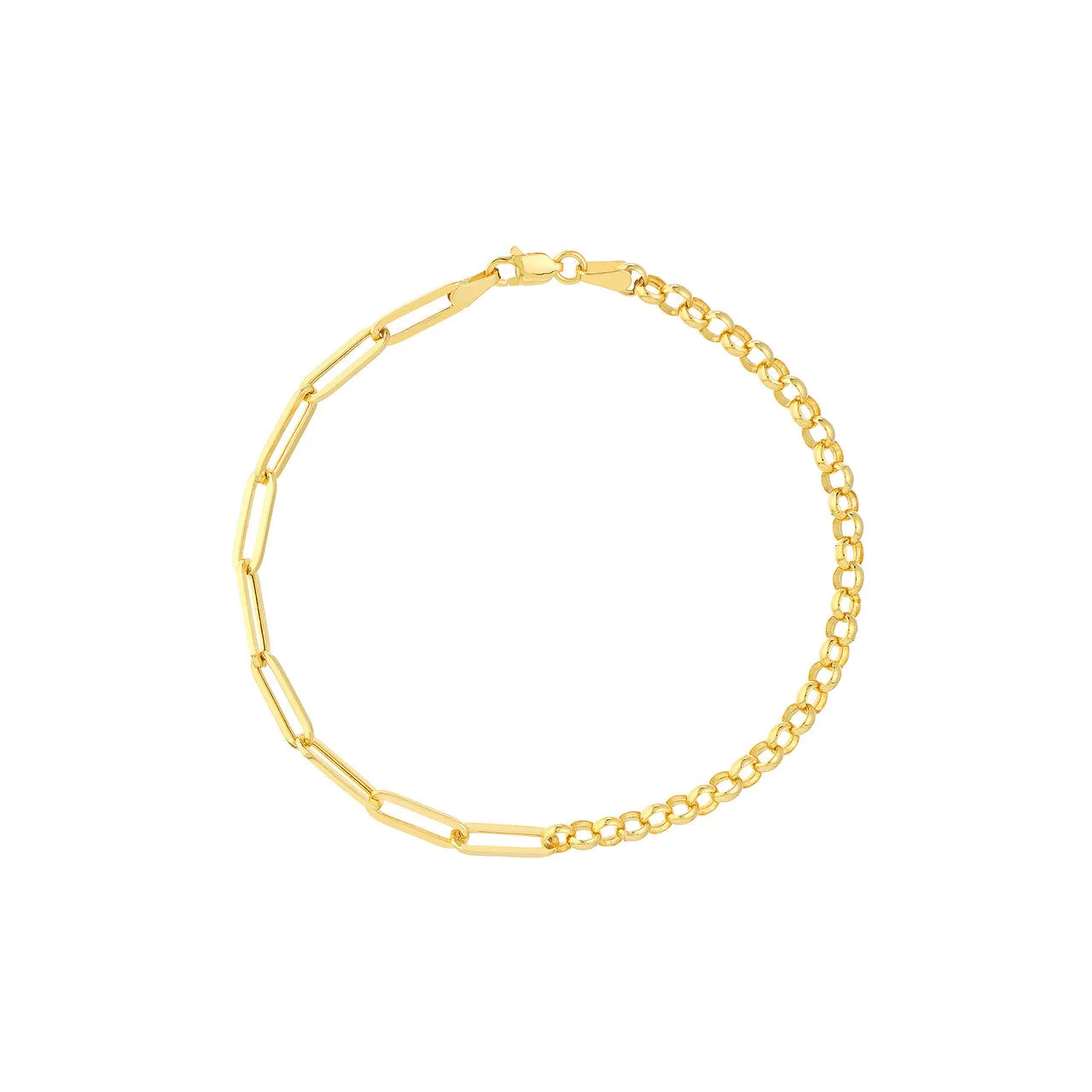 14K Yellow Gold 50/50 Paperclip   Rolo Chain Bracelet