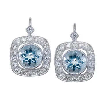 18K White Gold Aqua Marine And Diamond Drop Earrings