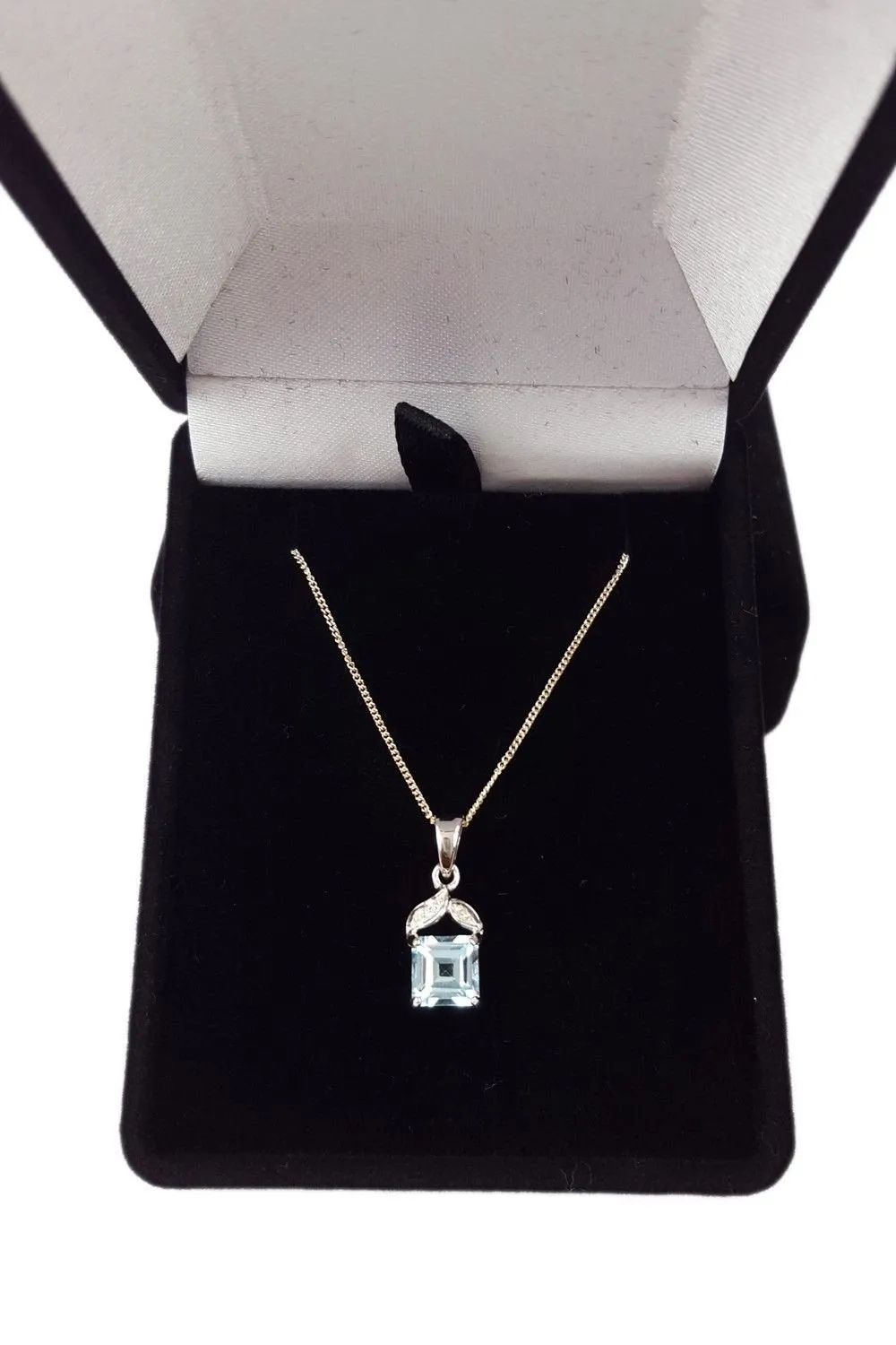 925 STERLING SILVER Aquamarine & Diamond Necklace (S)