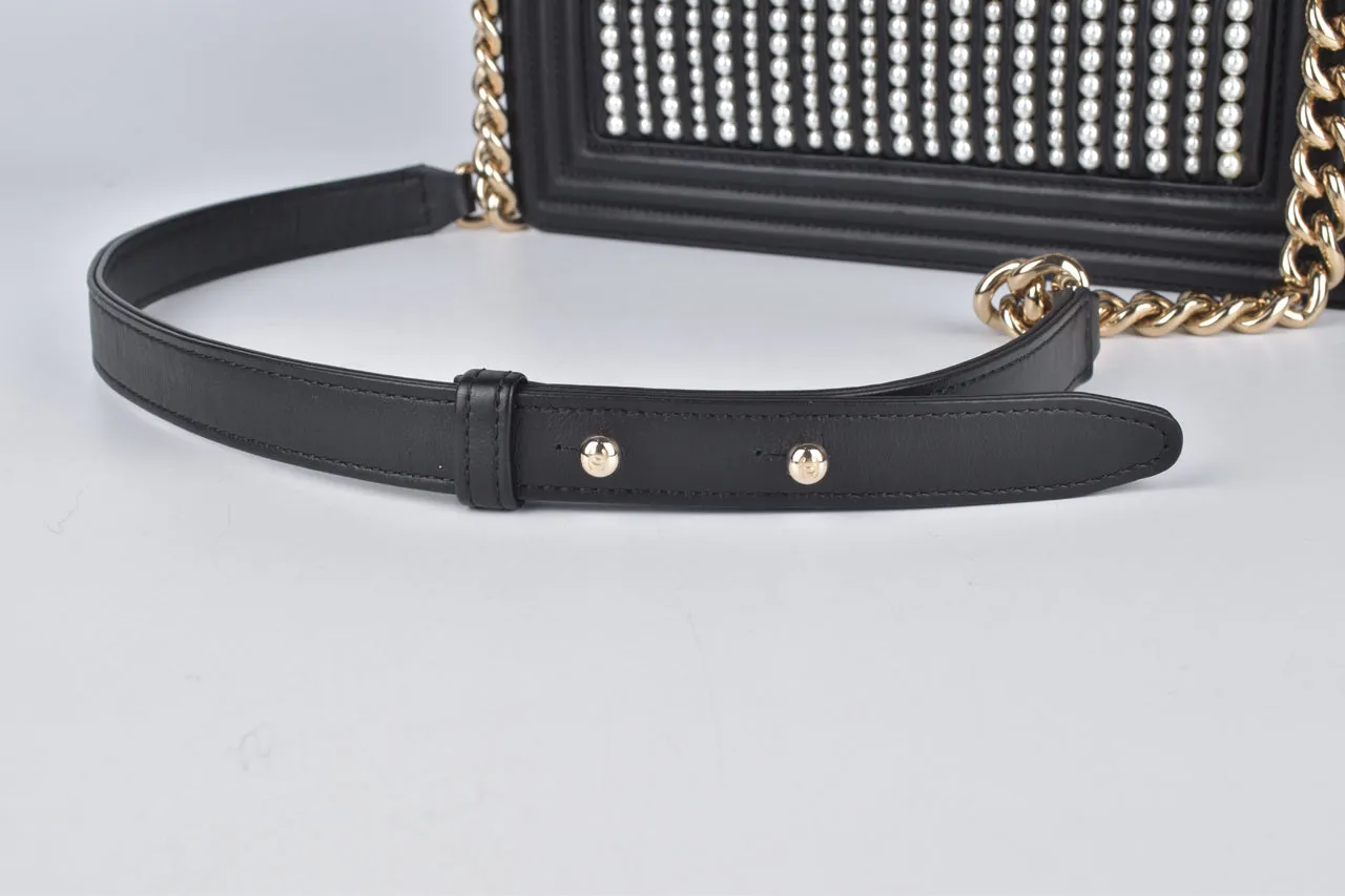 A67086 Medium Boy in Black Calfskin with Faux Pearl Embellishments LGHW