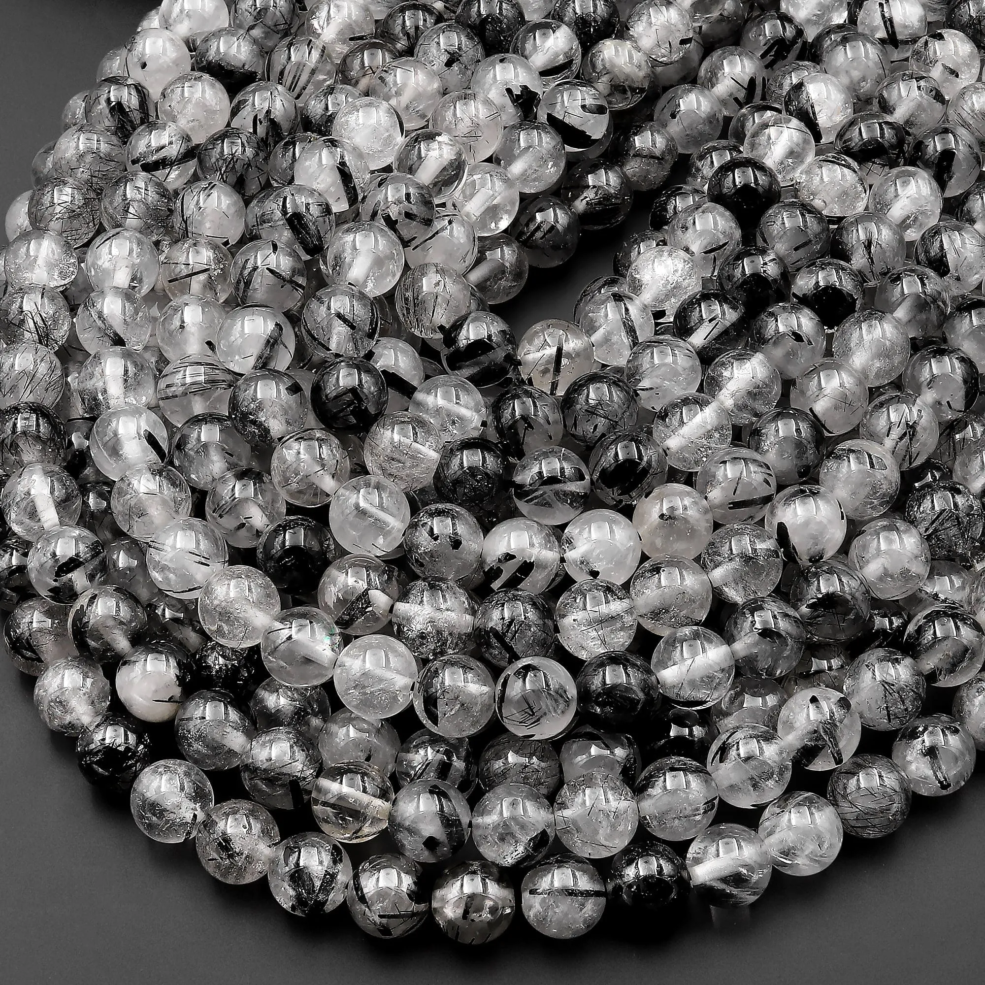 AAA Black Tourmaline Rutilated Rutile Quartz Round Beads 4mm 6mm 8mm 10mm 15.5" Strand