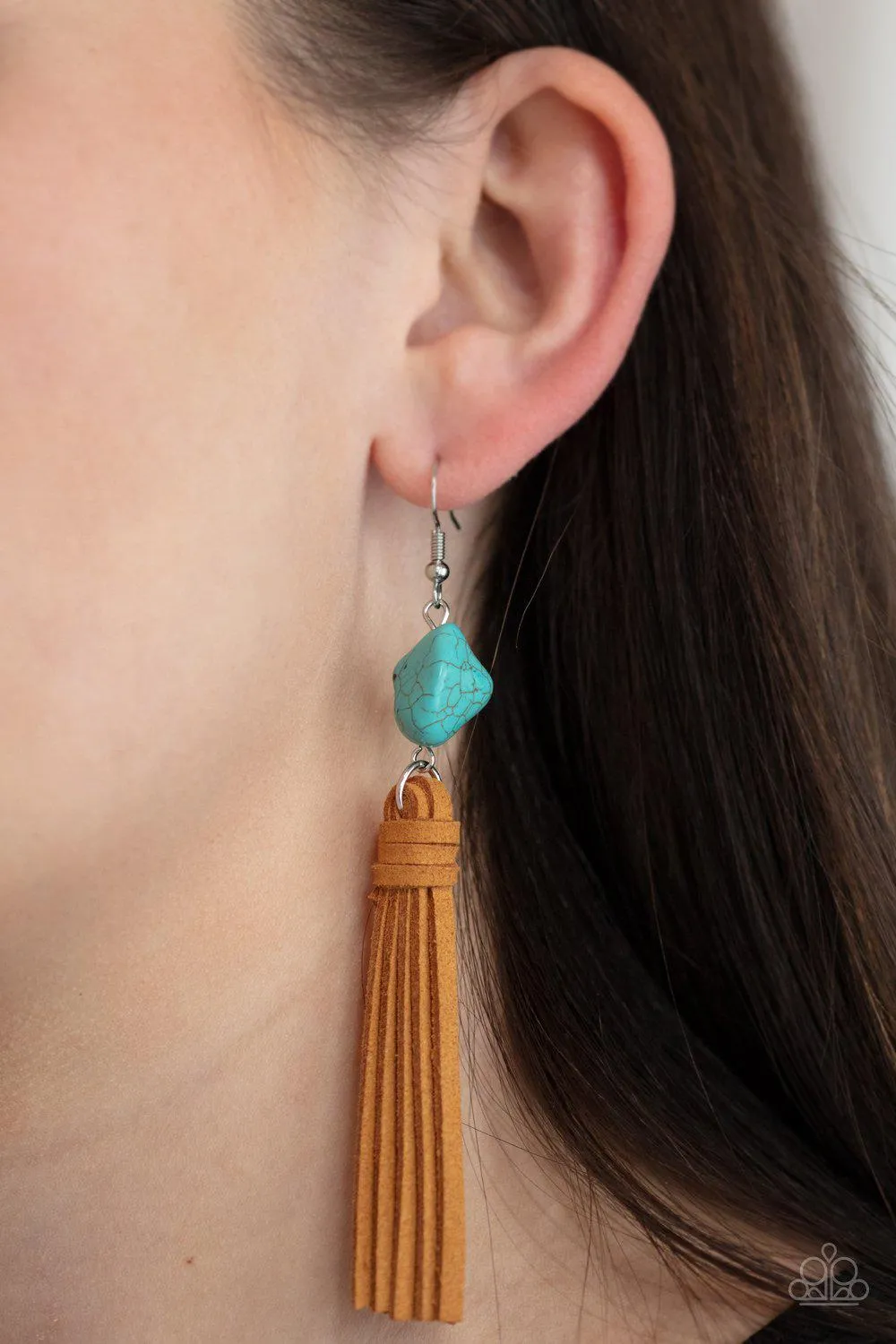 All-Natural Allure Turquoise Blue Stone and Suede Tassel Earrings - Paparazzi Accessories