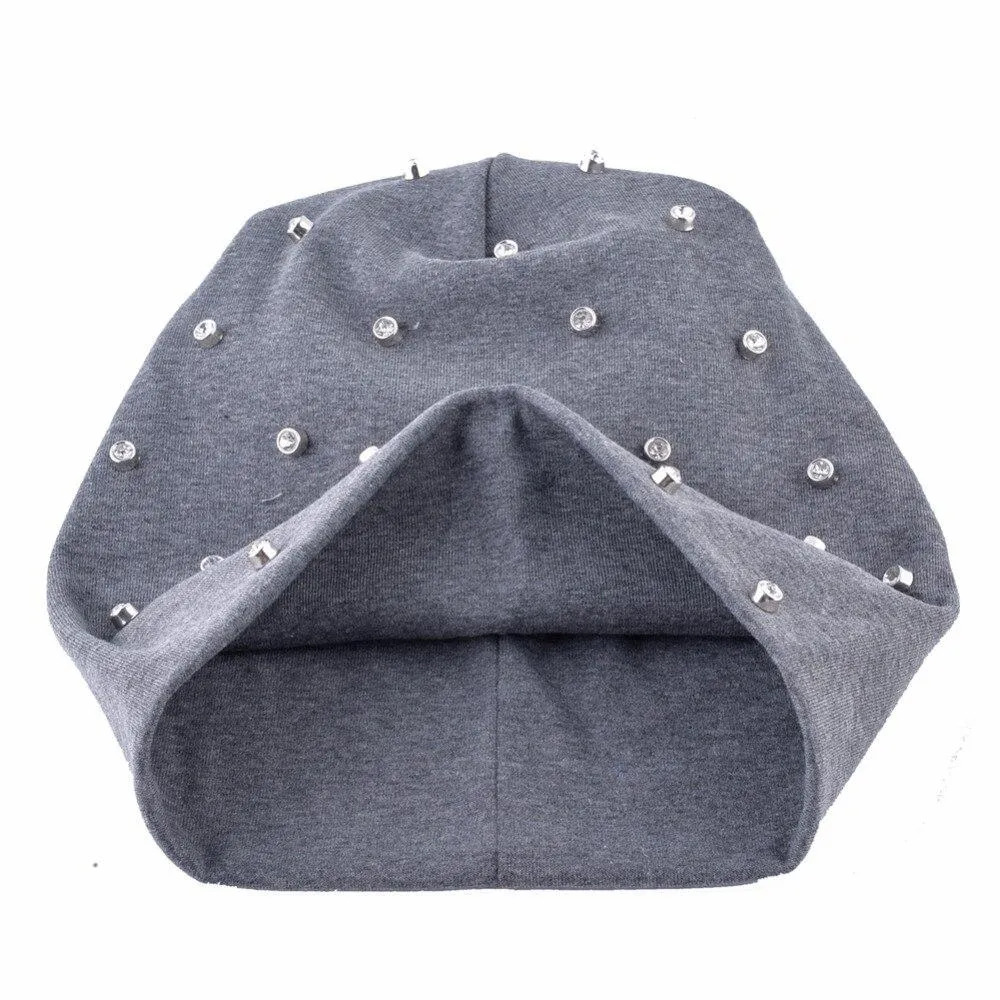 Autumn Cotton Rhinestone Slouch Beanies Hats for Women