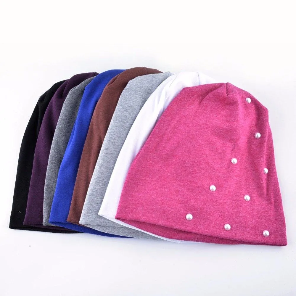 Autumn Fashion Cotton Pearl Knitted Beanie Caps for Women