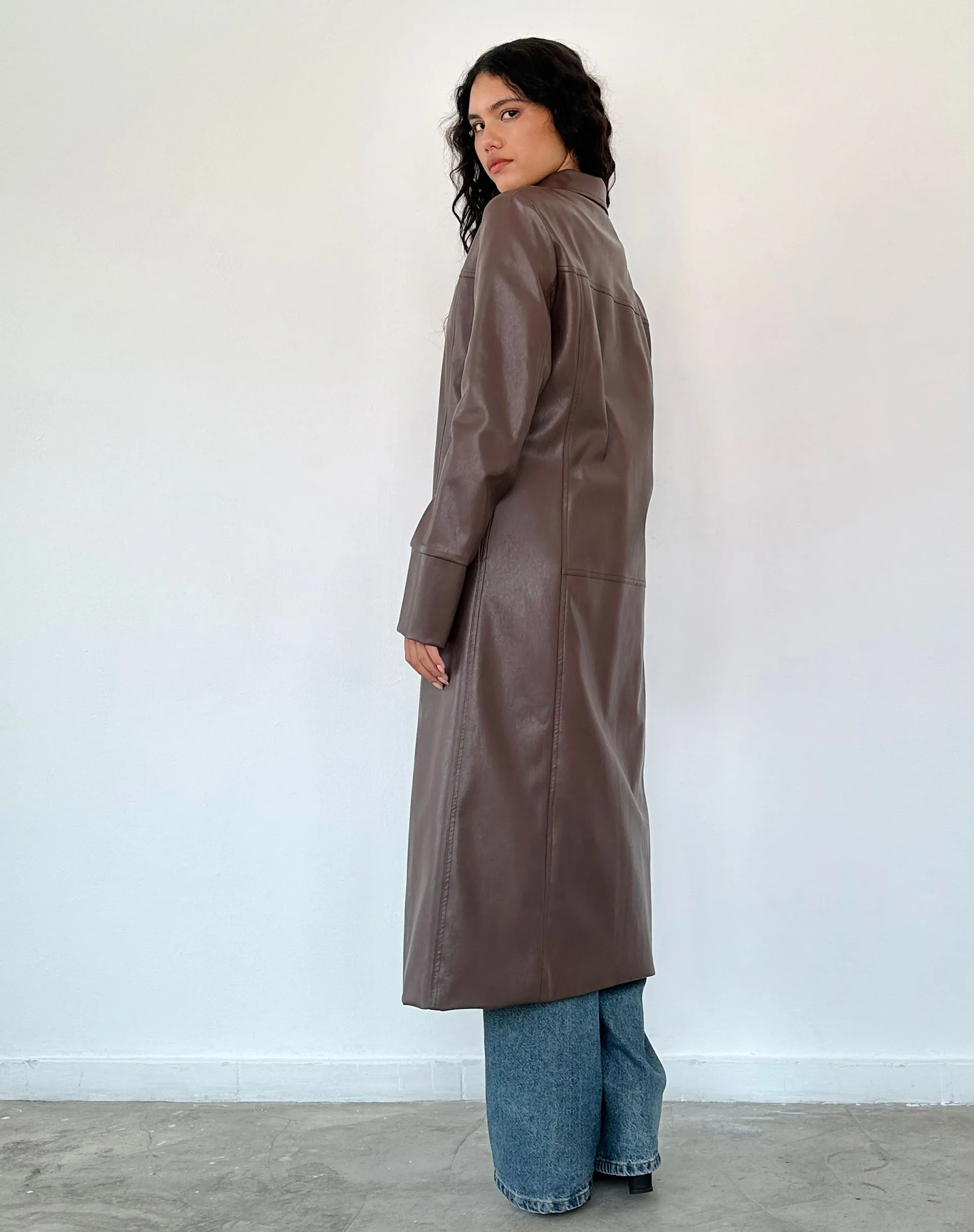 Berlin PU Trench Coat in Dark Brown