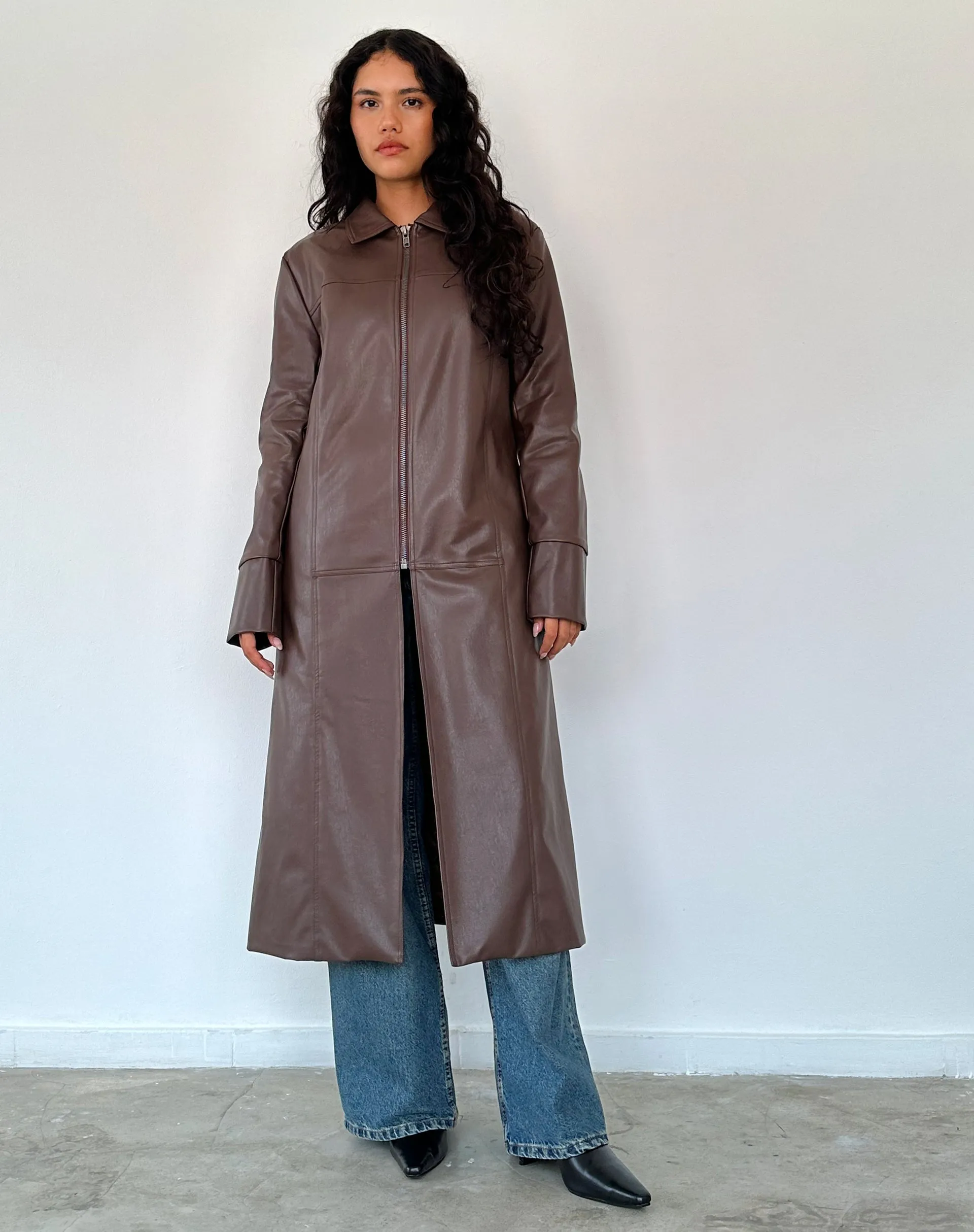 Berlin PU Trench Coat in Dark Brown