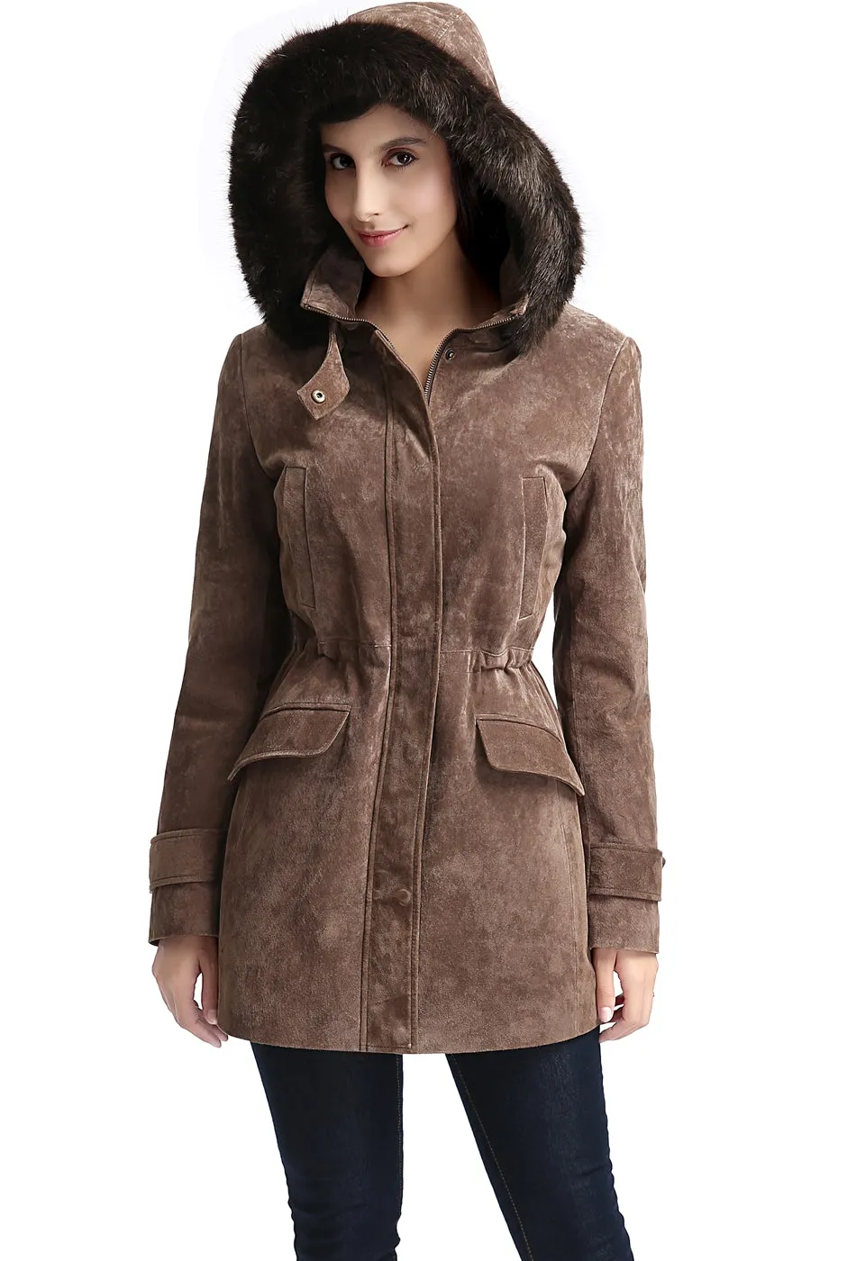 BGSD Women Chloe Hooded Suede Leather Parka Coat