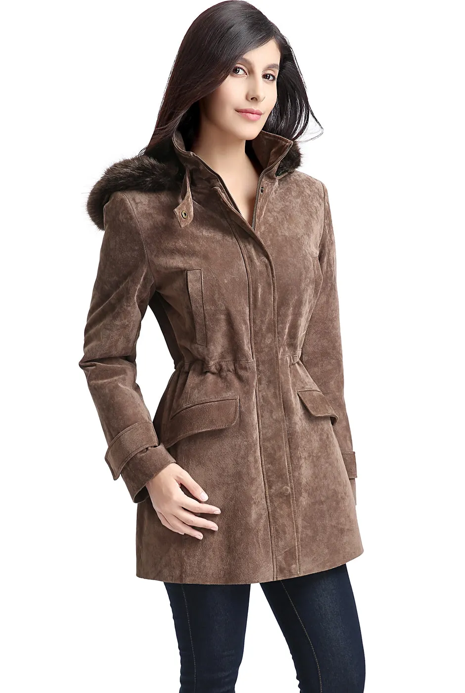 BGSD Women Chloe Hooded Suede Leather Parka Coat