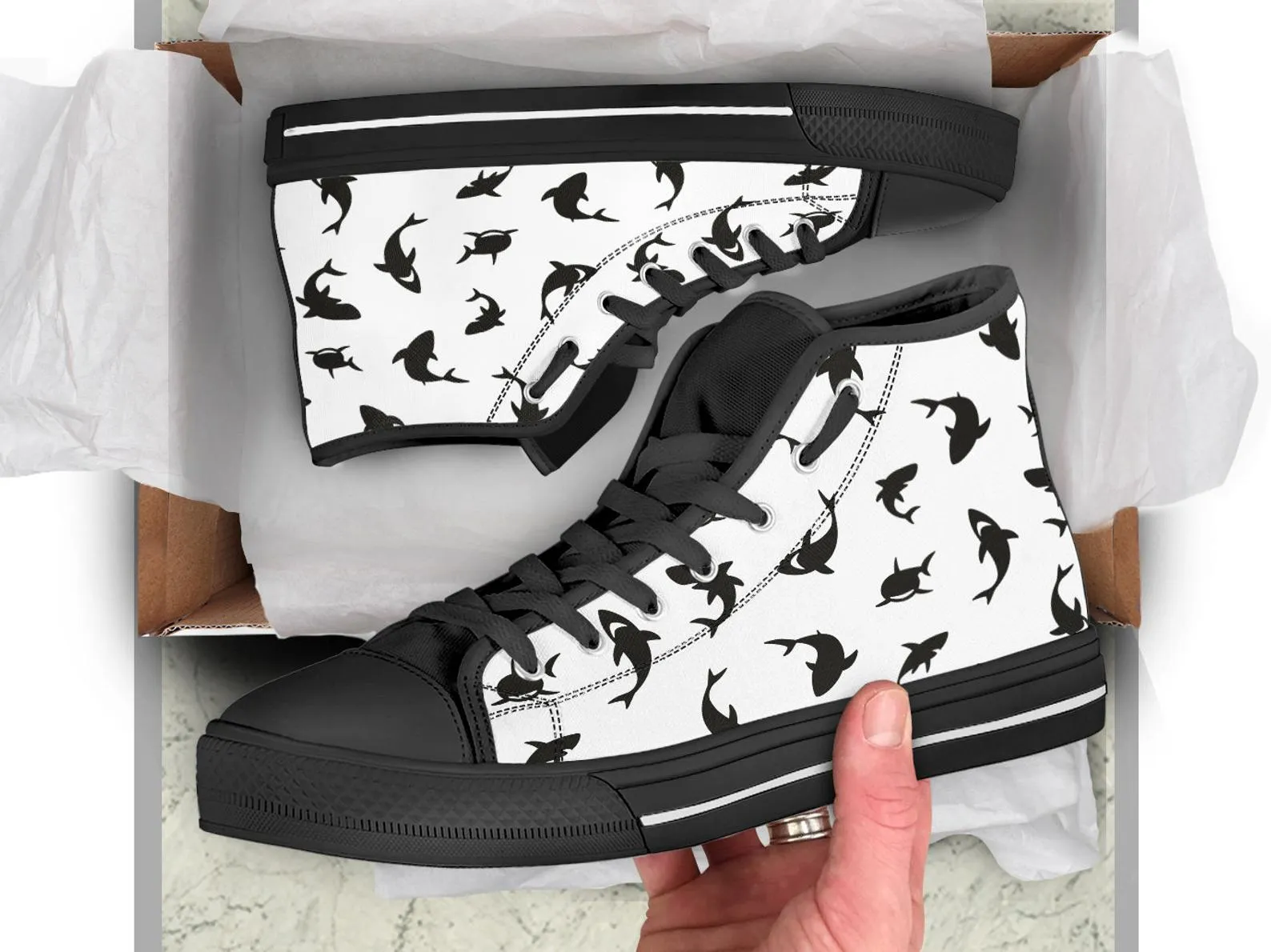 Black Shark Shoes Shark Sneakers Cute Shoes Shark Lover Gifts Custom High Top Converse Style Sneakers For Adults Women & Men