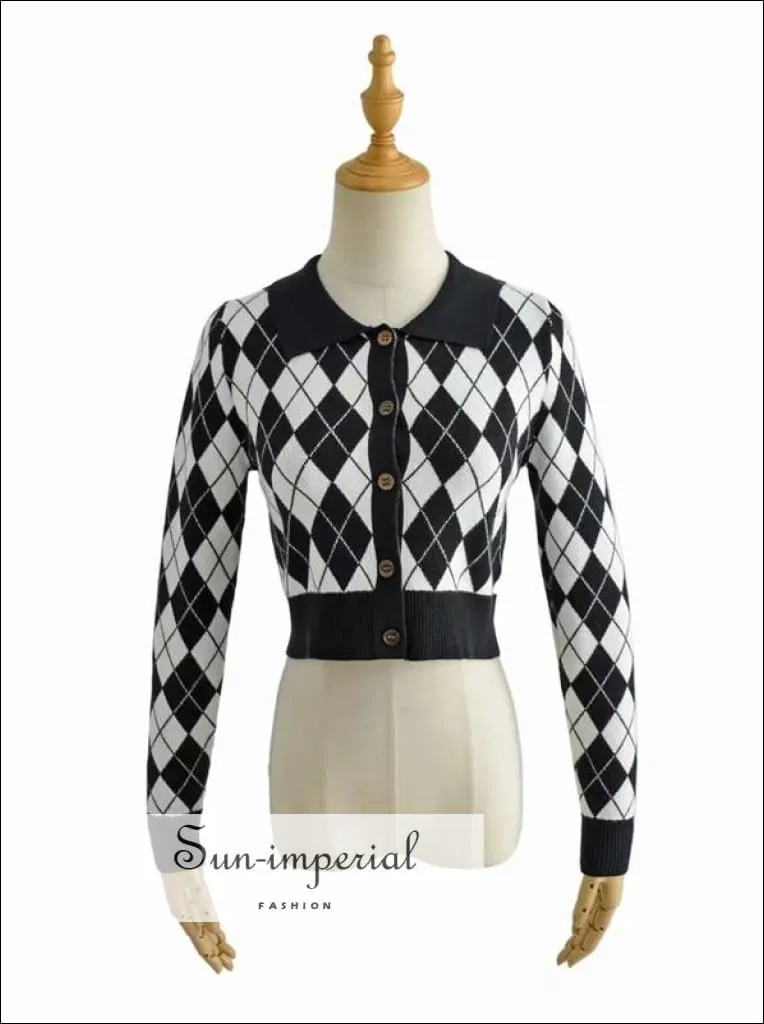 Black Women Collared Fitted Crop Cardigan Knitted Argyle Crop Cardigan