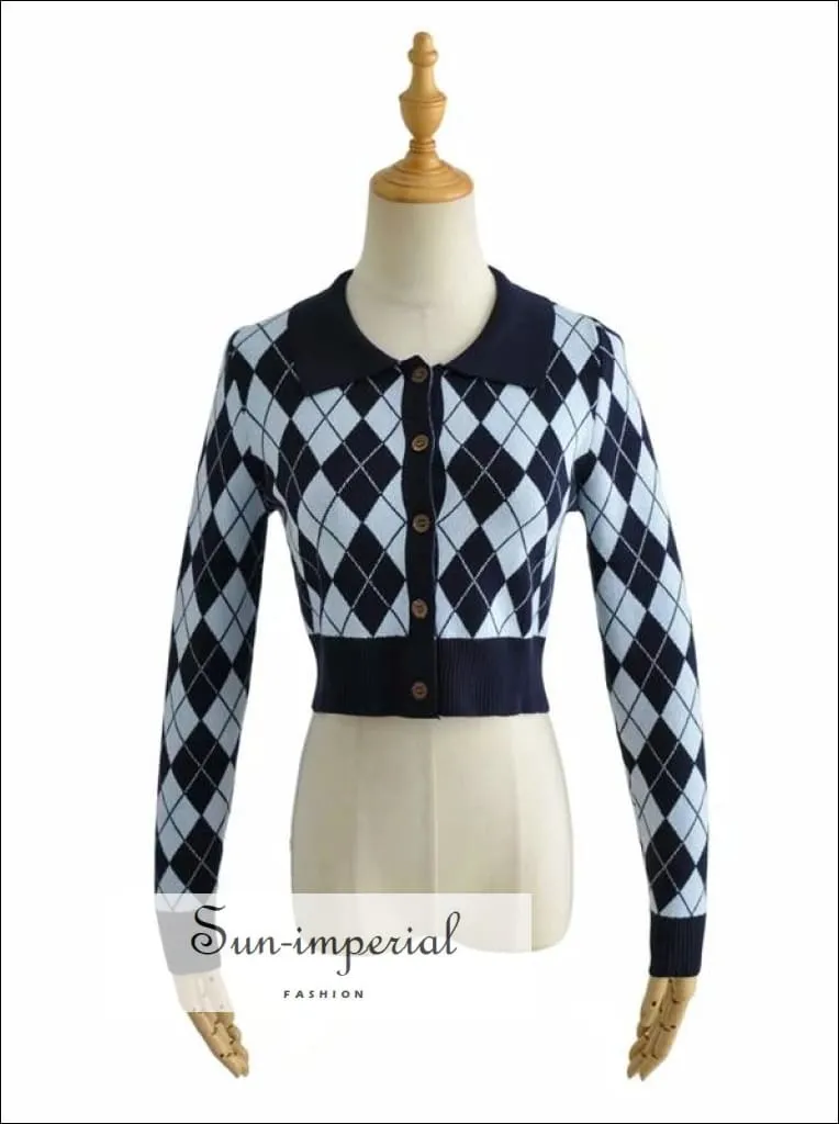 Black Women Collared Fitted Crop Cardigan Knitted Argyle Crop Cardigan