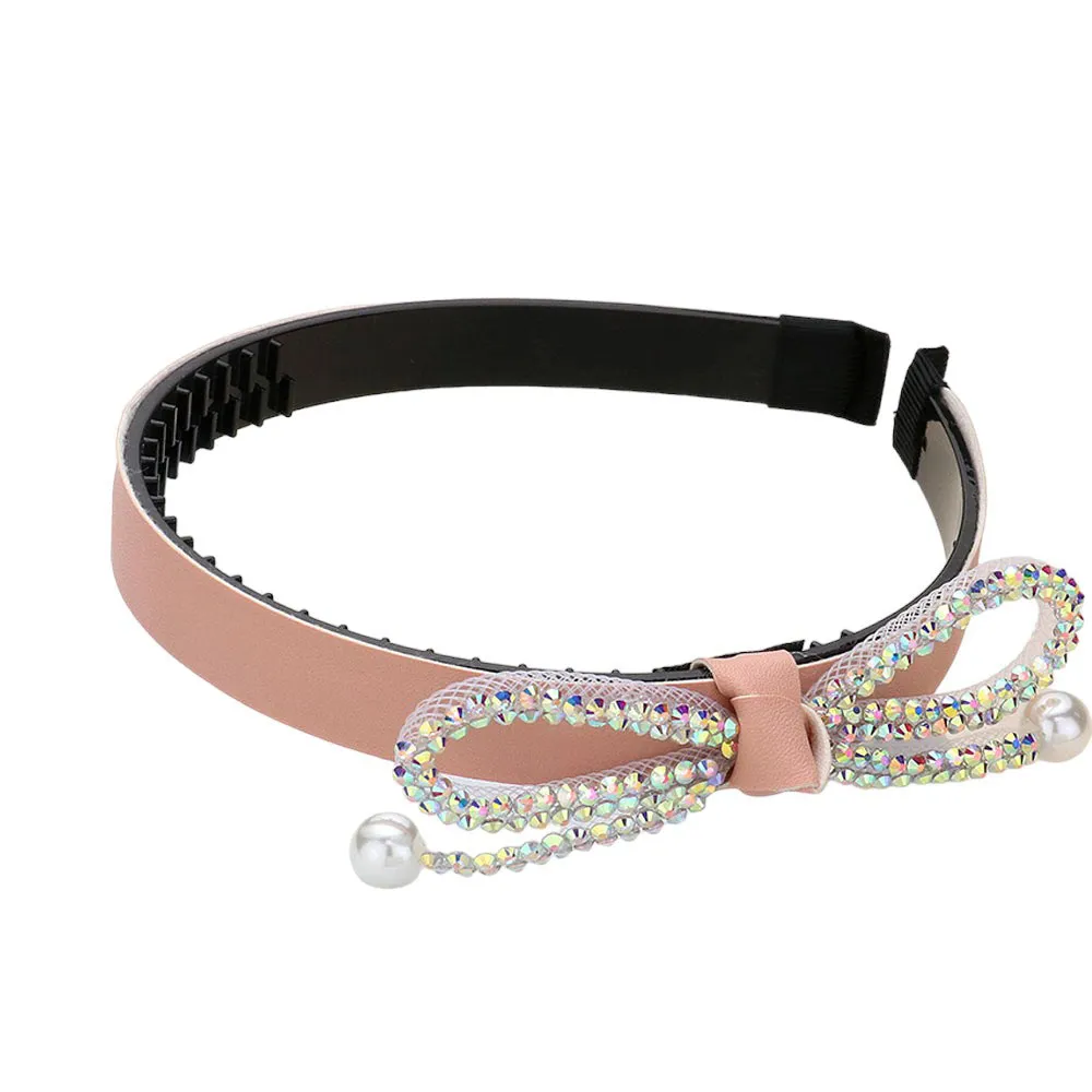 Bling Studded Pearl Tip Bow Accented Headband