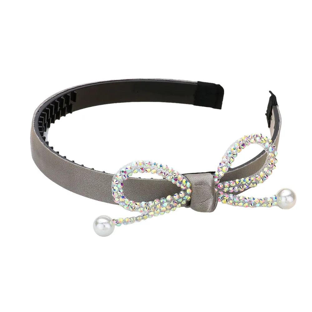 Bling Studded Pearl Tip Bow Accented Headband