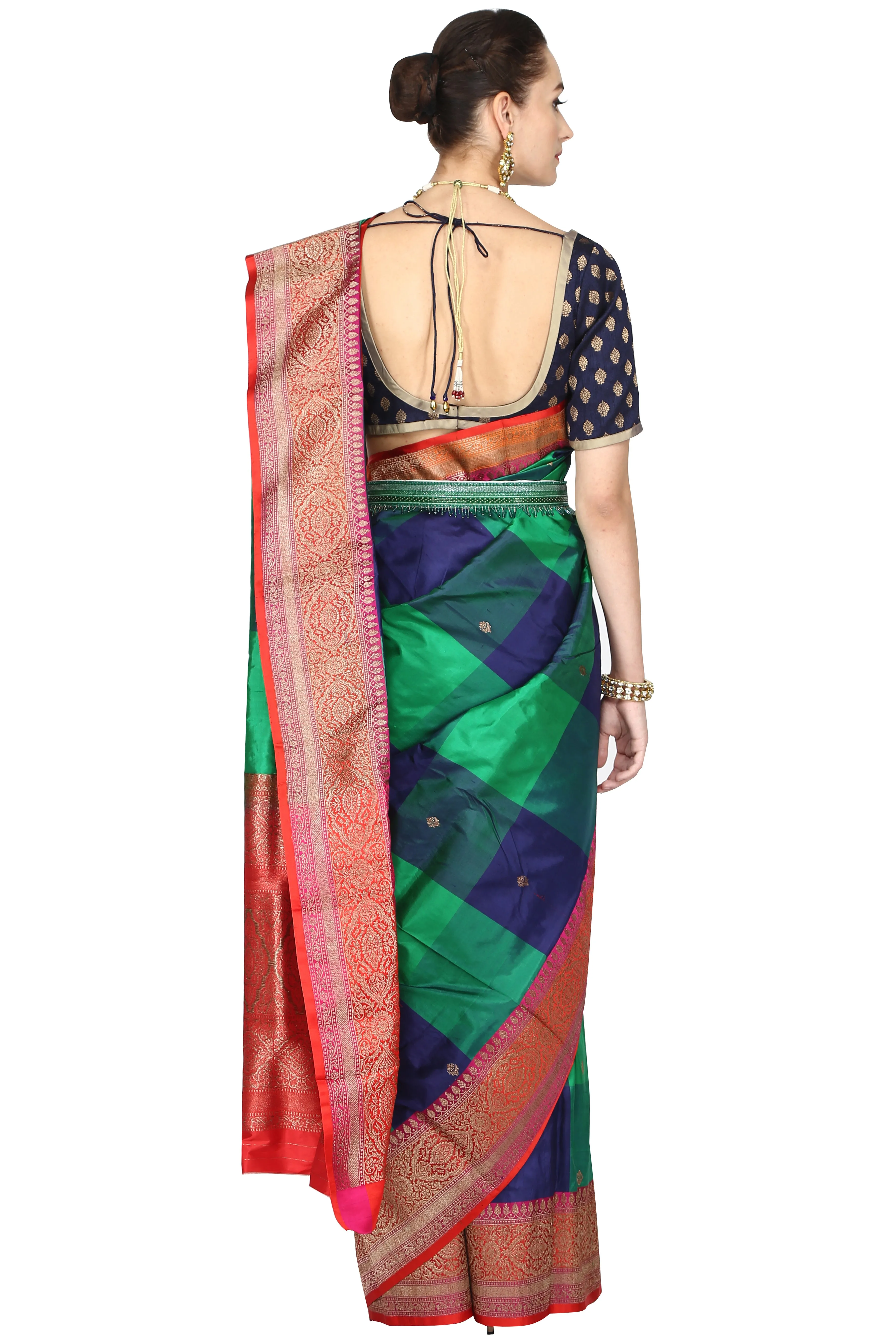 Blue & Green Checkered Saree.