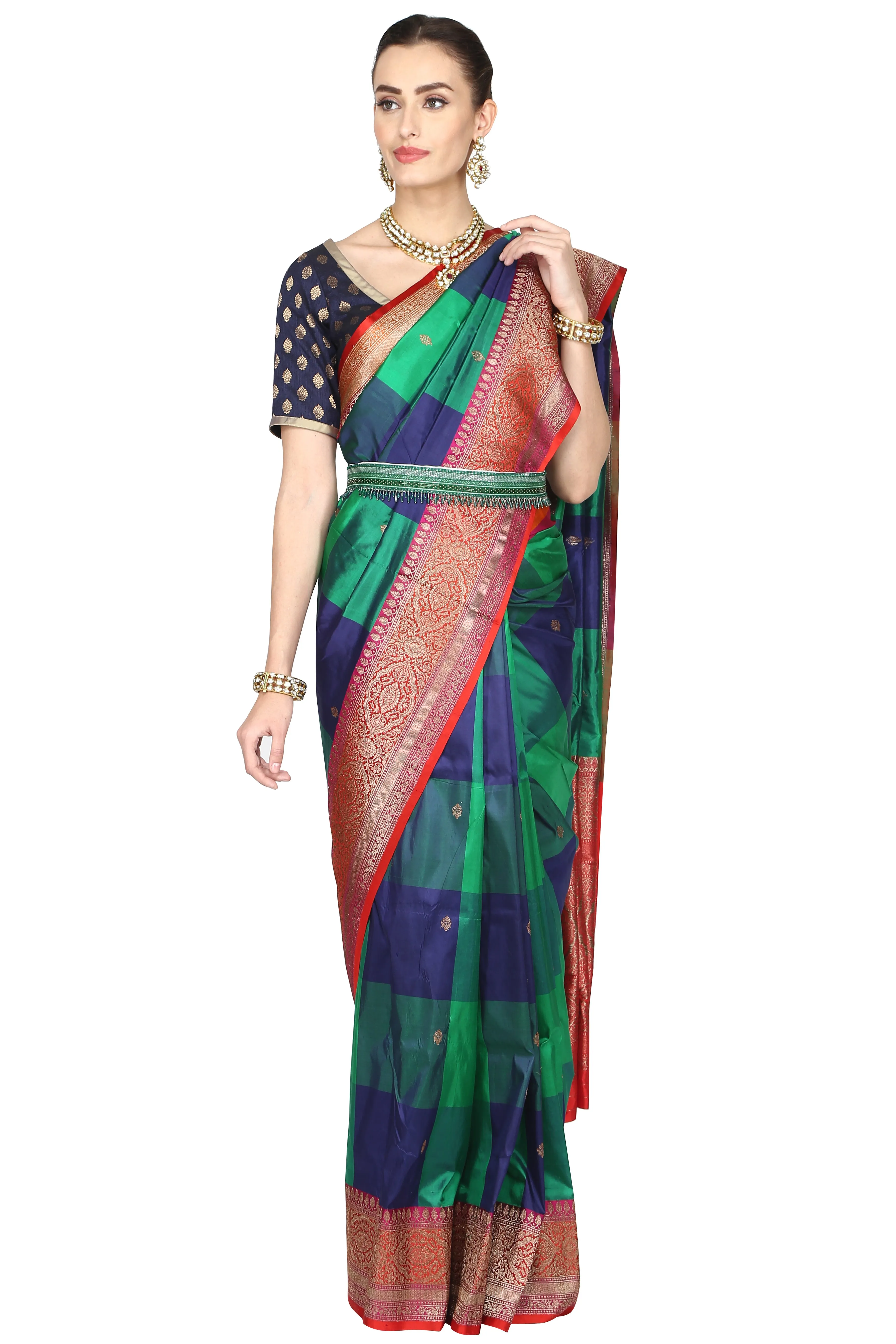 Blue & Green Checkered Saree.