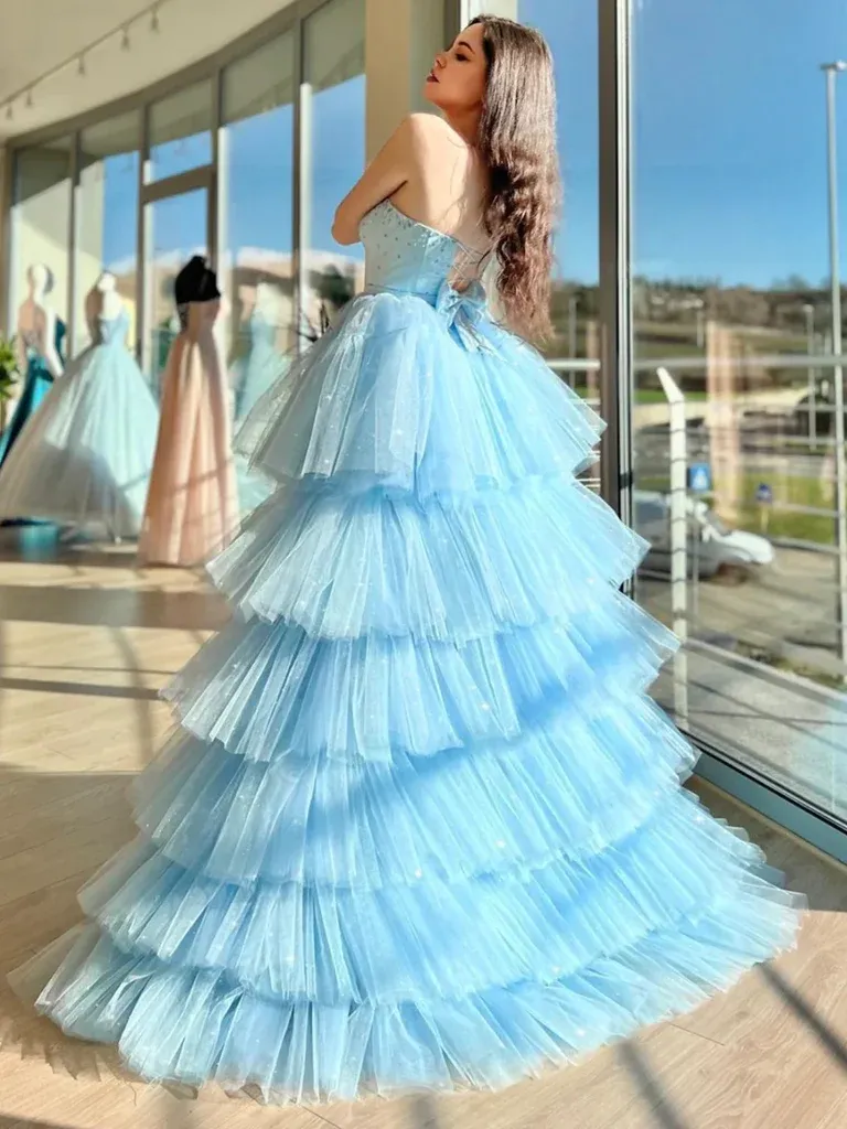 Blue Sweetheart Neck Open Back Strapless Beaded High Low Tulle Long Prom Dresses, Beaded Backless Blue High Low Formal Evening Dresses