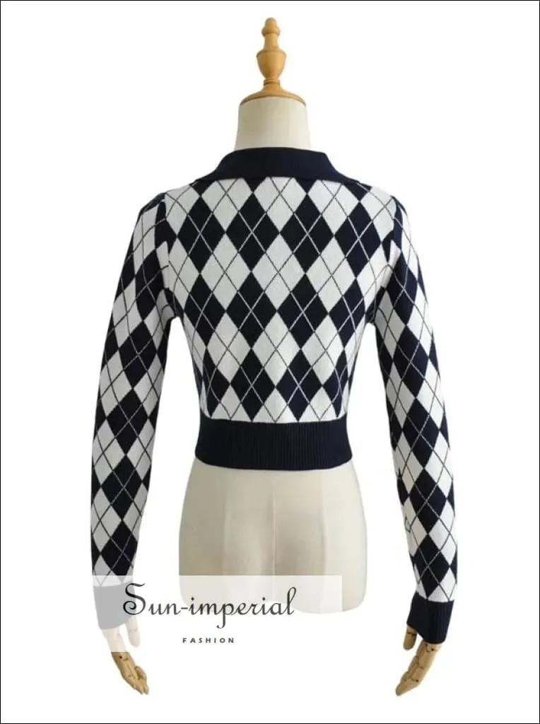 Blue Women Collared Fitted Crop Cardigan Knitted Argyle Crop Cardigan