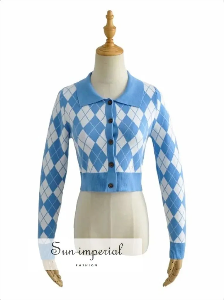 Blue Women Collared Fitted Crop Cardigan Knitted Argyle Crop Cardigan