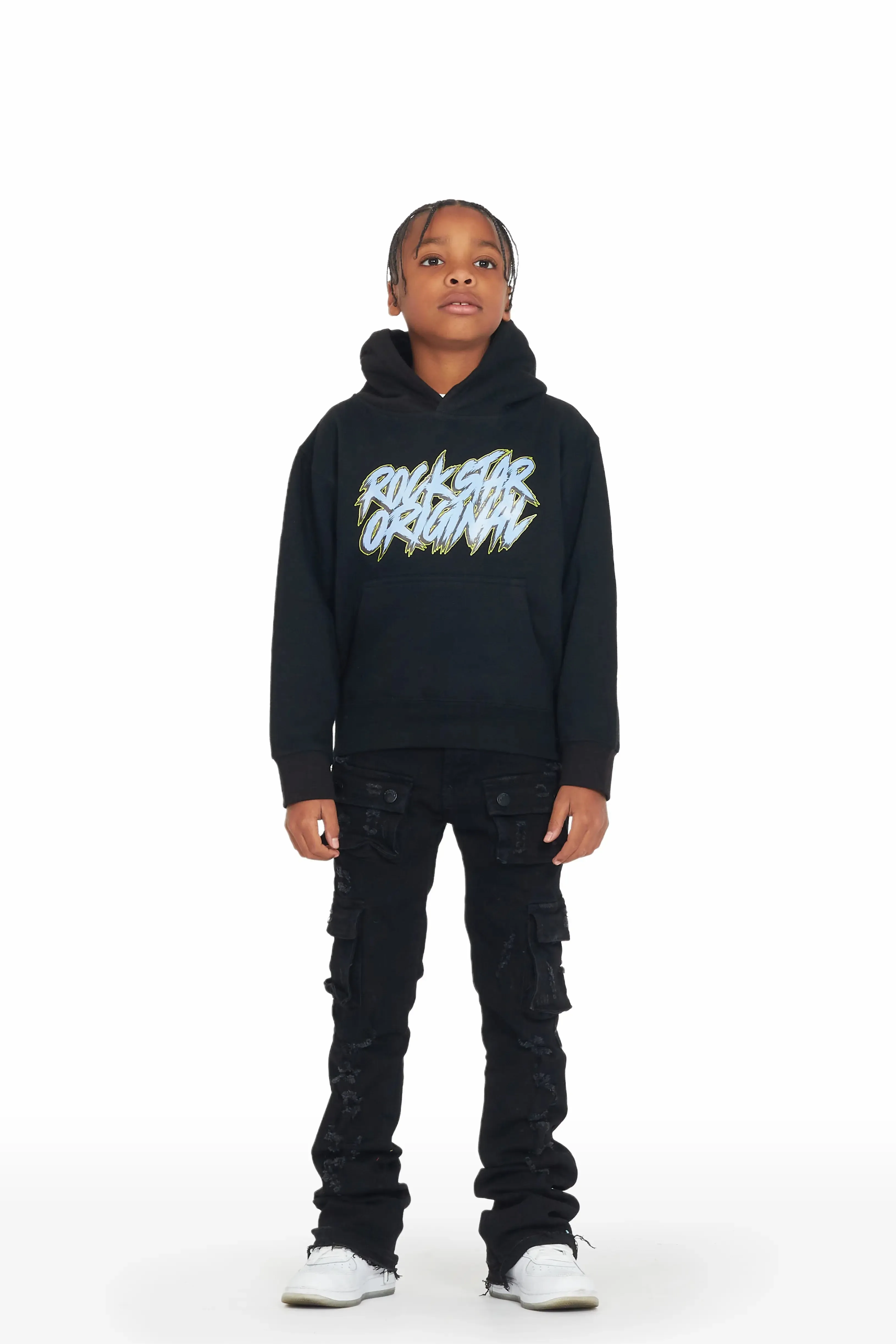 Boys Heron Black Hoodie/Black Super Stacked Flare Jean Set