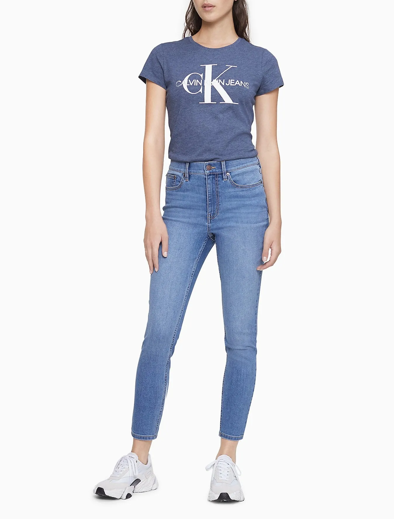 Calvin Klein Women's Metallic Monogram Logo Crewneck T-Shirt, Blue, XS