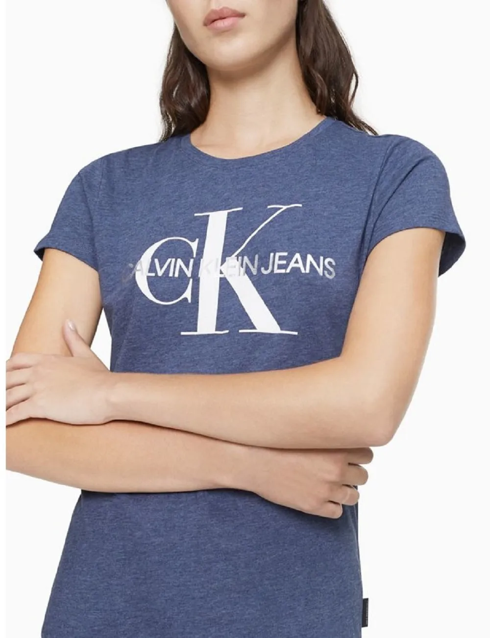 Calvin Klein Women's Metallic Monogram Logo Crewneck T-Shirt, Blue, XS