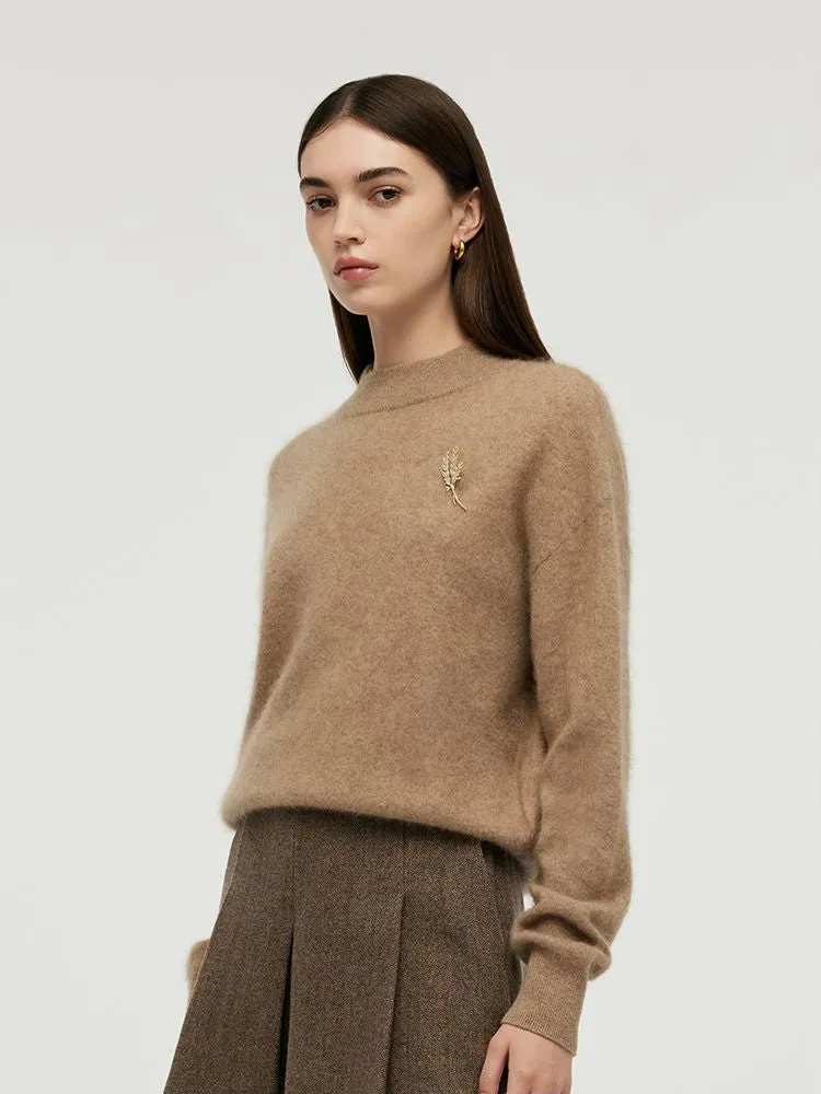 Cashmere Mock Neck Women Sweater With Wheat Ear Brooch