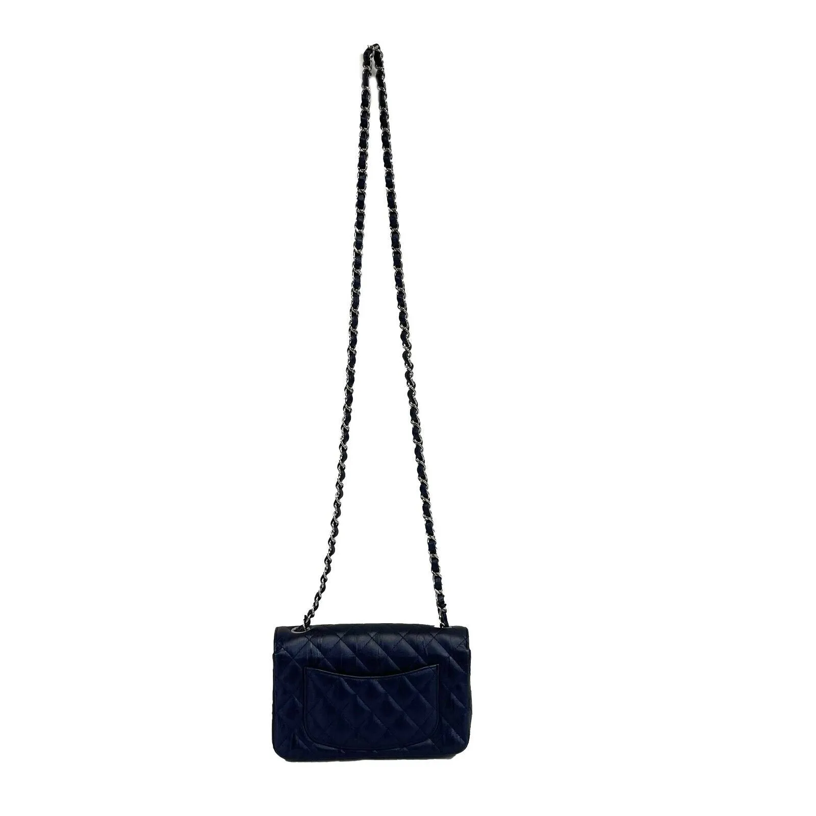 CHANEL - CC Crumpled Calfskin Mini Rectangular Flap Metallic Navy Blue Crossbody