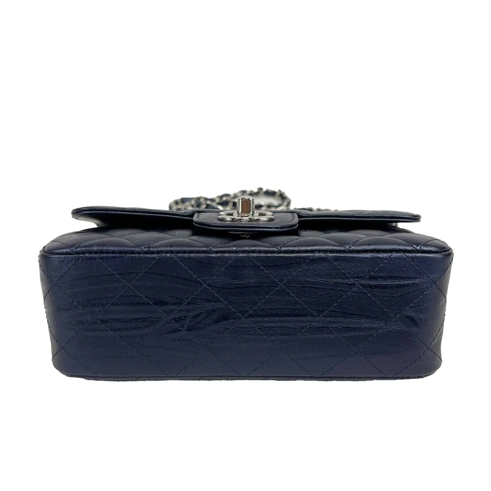 CHANEL - CC Crumpled Calfskin Mini Rectangular Flap Metallic Navy Blue Crossbody