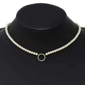 CZ Pave Circle Pendant Pearl Beaded Short Necklace