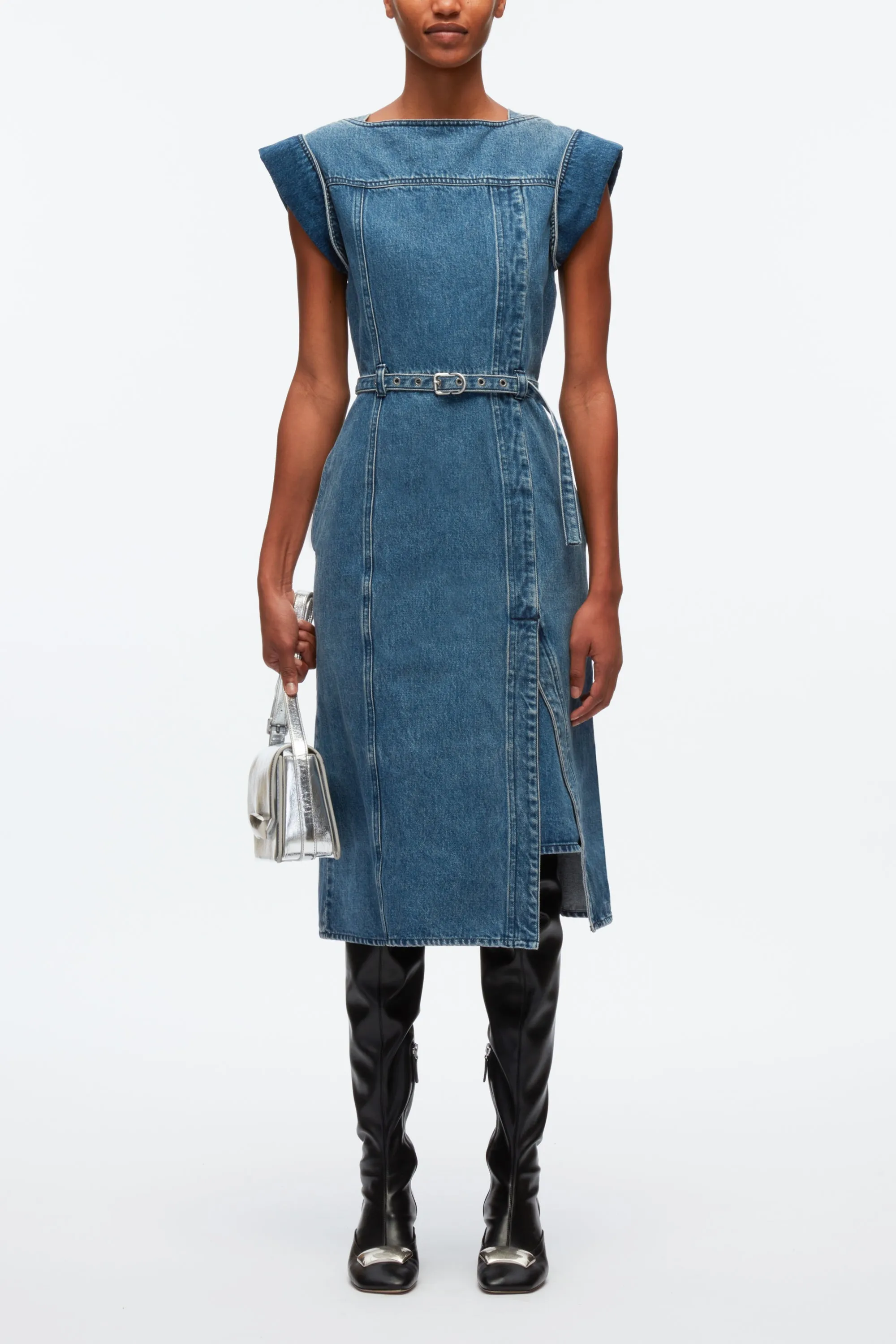 Deconstructed Belted Denim Dress