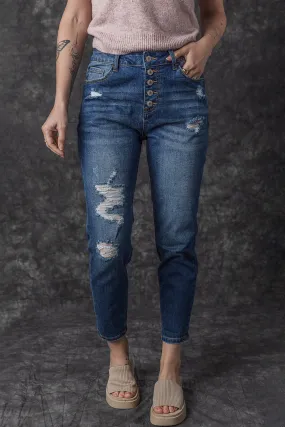 Distressed Button Fly High Waist Jeans