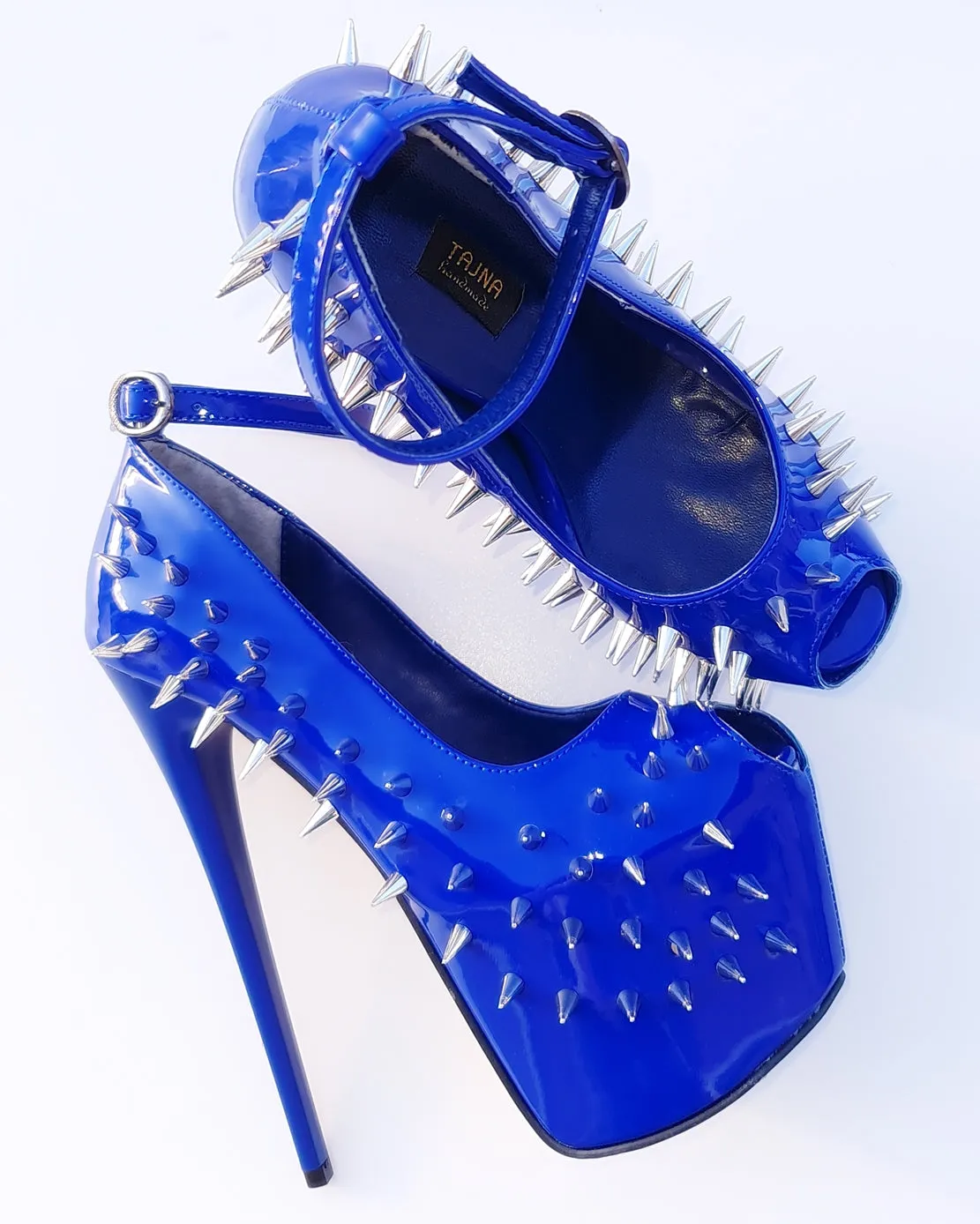 Electric Blue Gloss Spike Studded Ankle Strap Heels