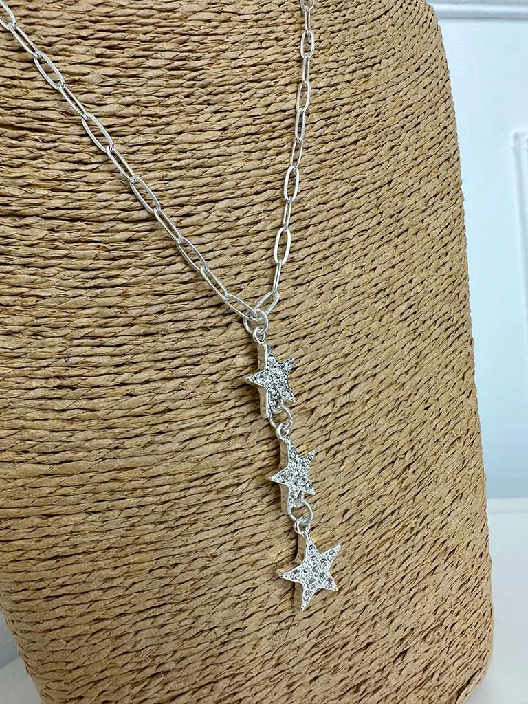 Envy Triple Star Drop Pendant Necklace - Silver