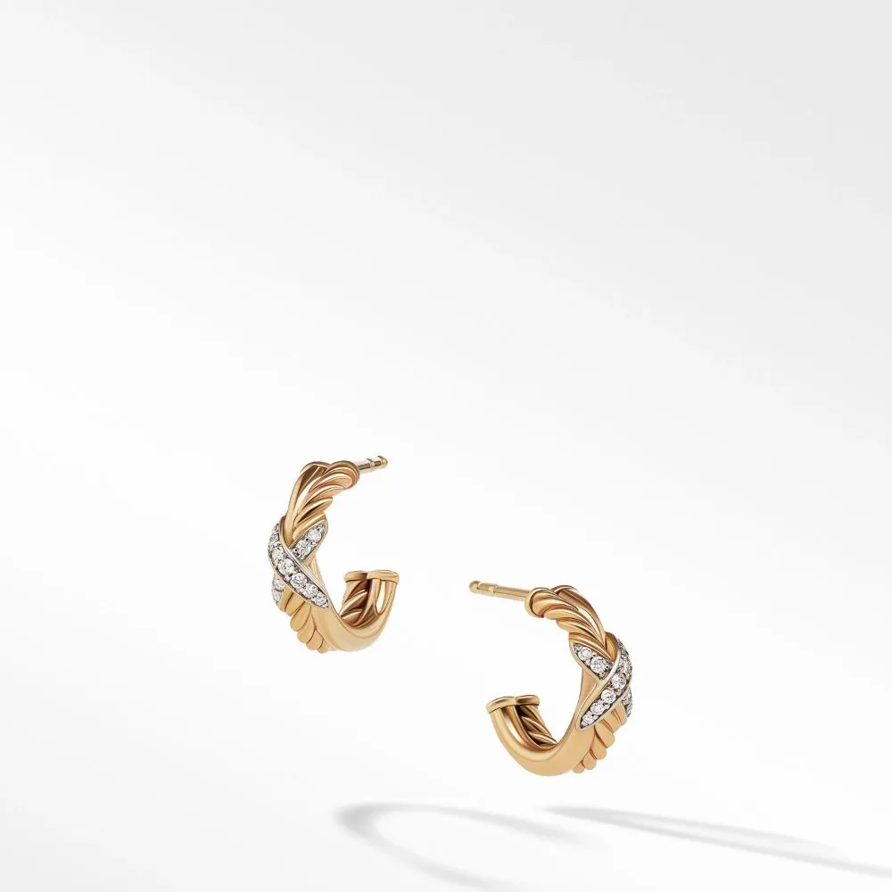 Estate David Yurman 18k Yellow Gold Petite X Design Mini Hoop Diamond Earrings