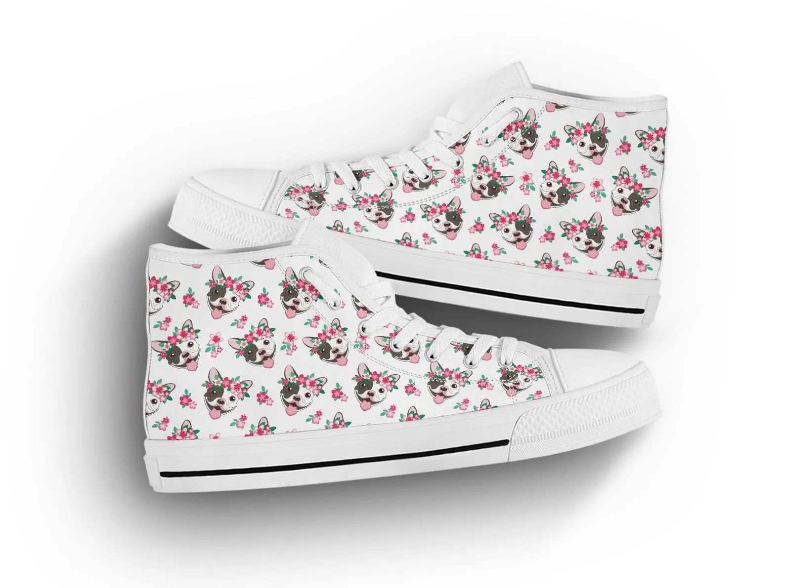 Floral Dog Shoes Dog Pattern Sneakers Pug Print Cute Shoes Pet Lover Gifts Custom High Top Converse Style Sneakers For Adults Women & Men