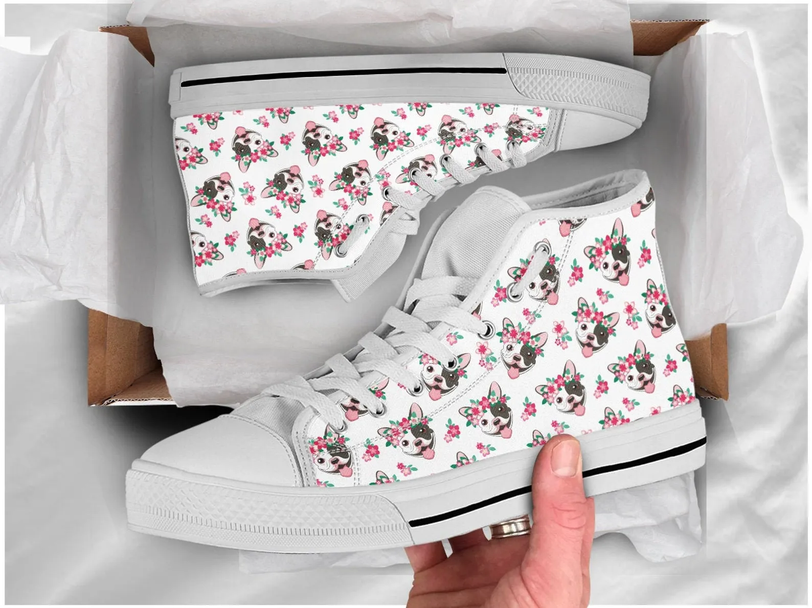 Floral Dog Shoes Dog Pattern Sneakers Pug Print Cute Shoes Pet Lover Gifts Custom High Top Converse Style Sneakers For Adults Women & Men