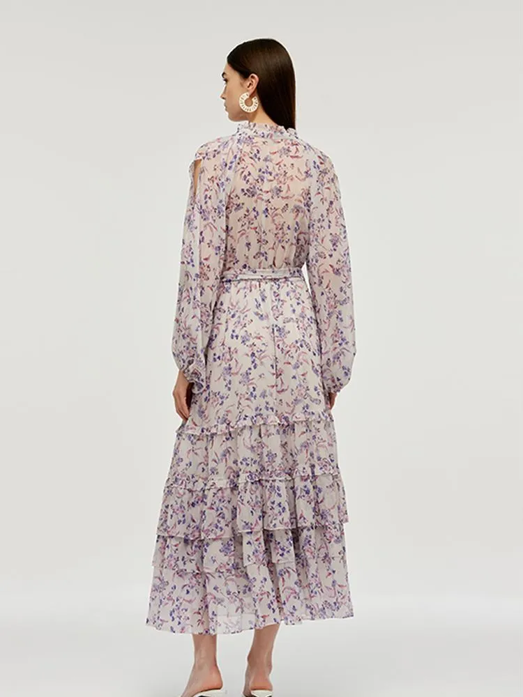 Floral Printed Tiered Women Maxi Dress With Belt