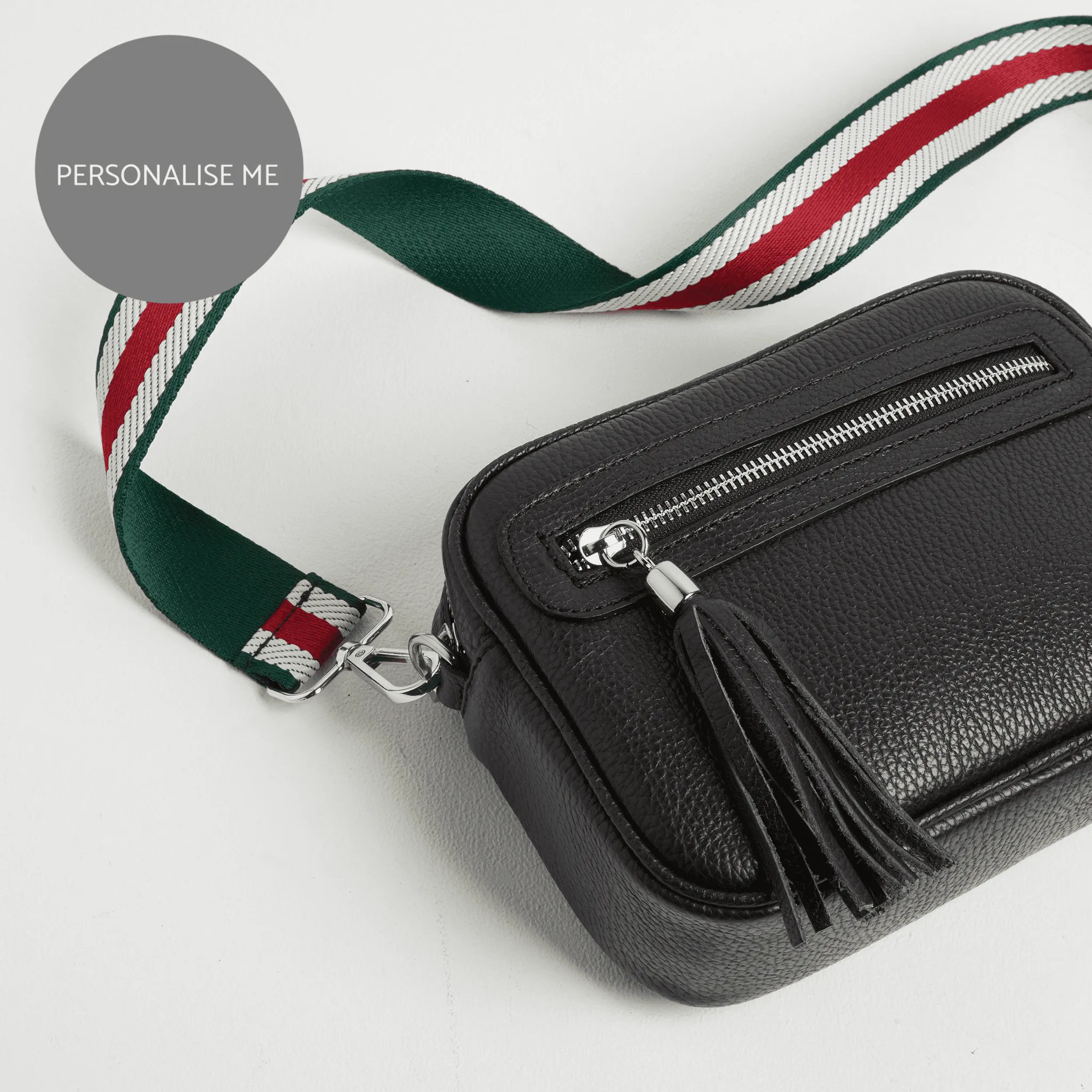 Florence Crossbody Bag in Black with Green Stripe Strap