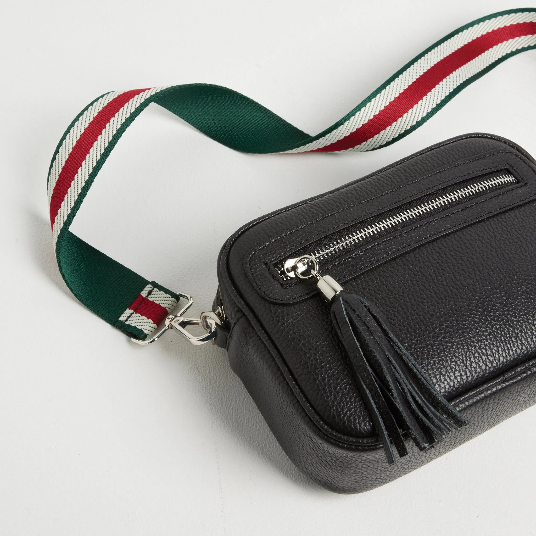 Florence Crossbody Bag in Black with Green Stripe Strap