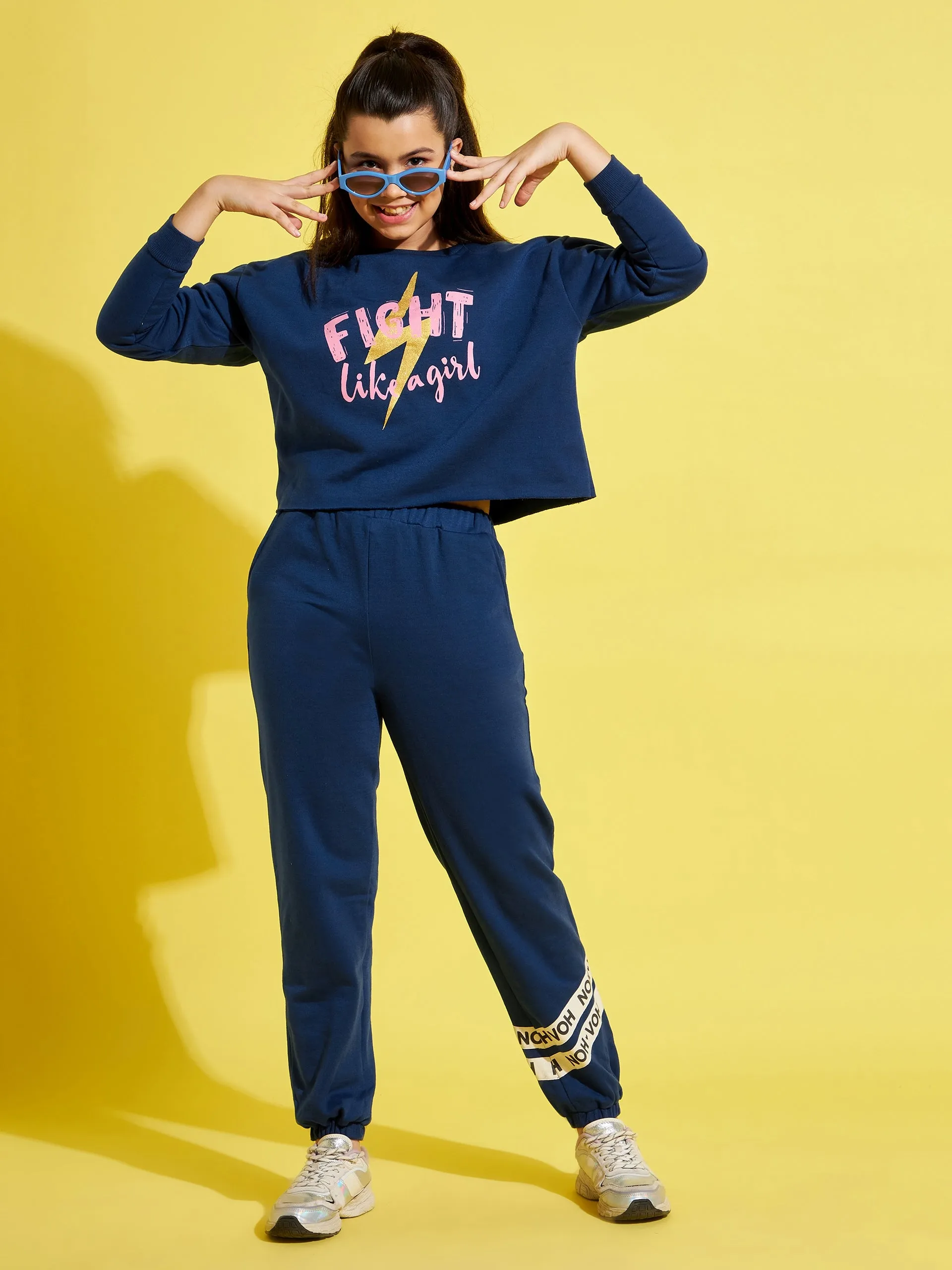 Girls Blue Fleece FIGHT Crop Sweatshirt