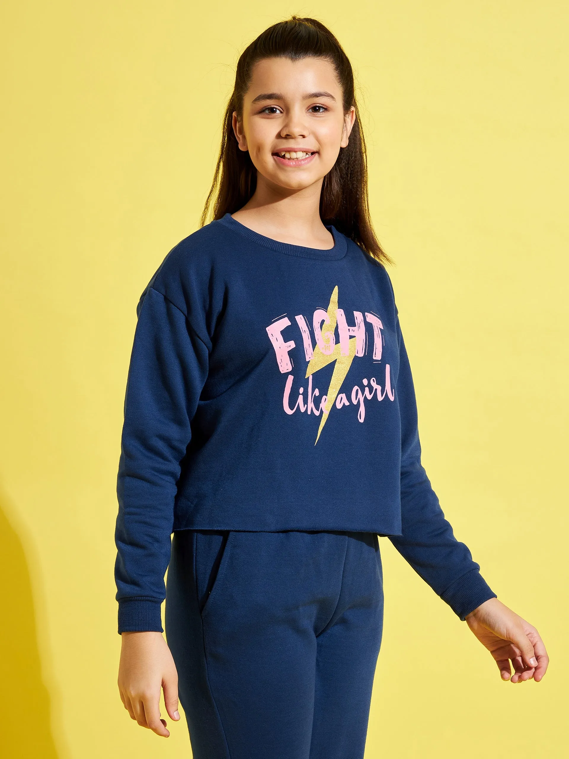 Girls Blue Fleece FIGHT Crop Sweatshirt