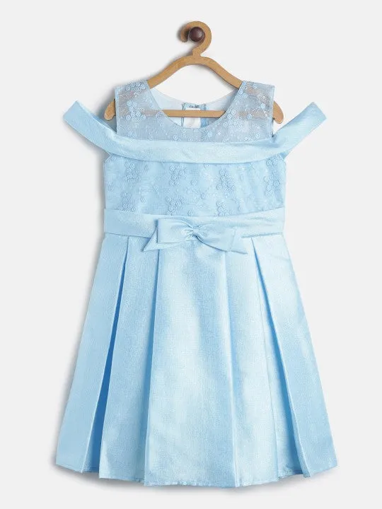 Girls Sky Blue Polyester Embroidered Dress