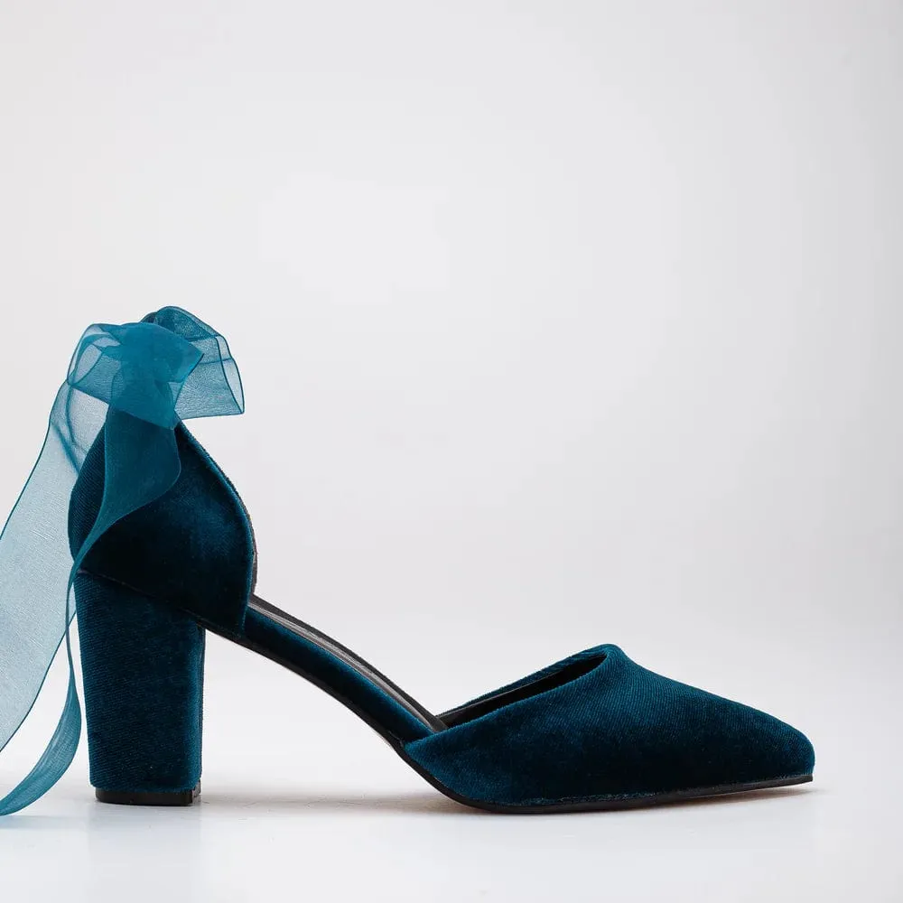 Gisele Vegan Velvet Ribbon Heels | Teal Blue