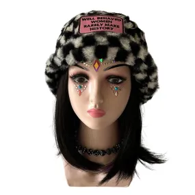 Handmade chequered black and white furry bucket hat - Well behaved women