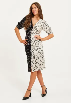 Liquorish Mono Heart Print Knot Front Midi Dress