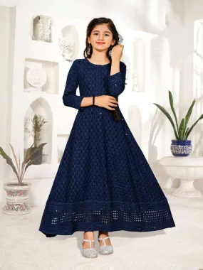 Magnificent Blue Rayon Long Gown With Chikan Work