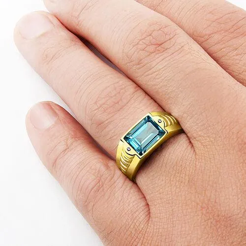 Men's Ring in 14K SOLID Yellow Gold with Blue Topaz and Diamond Accents