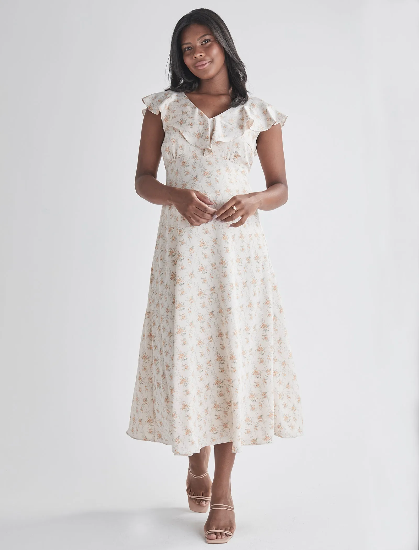 Mika Maternity Ruffle Dress in Cream Floral Silky